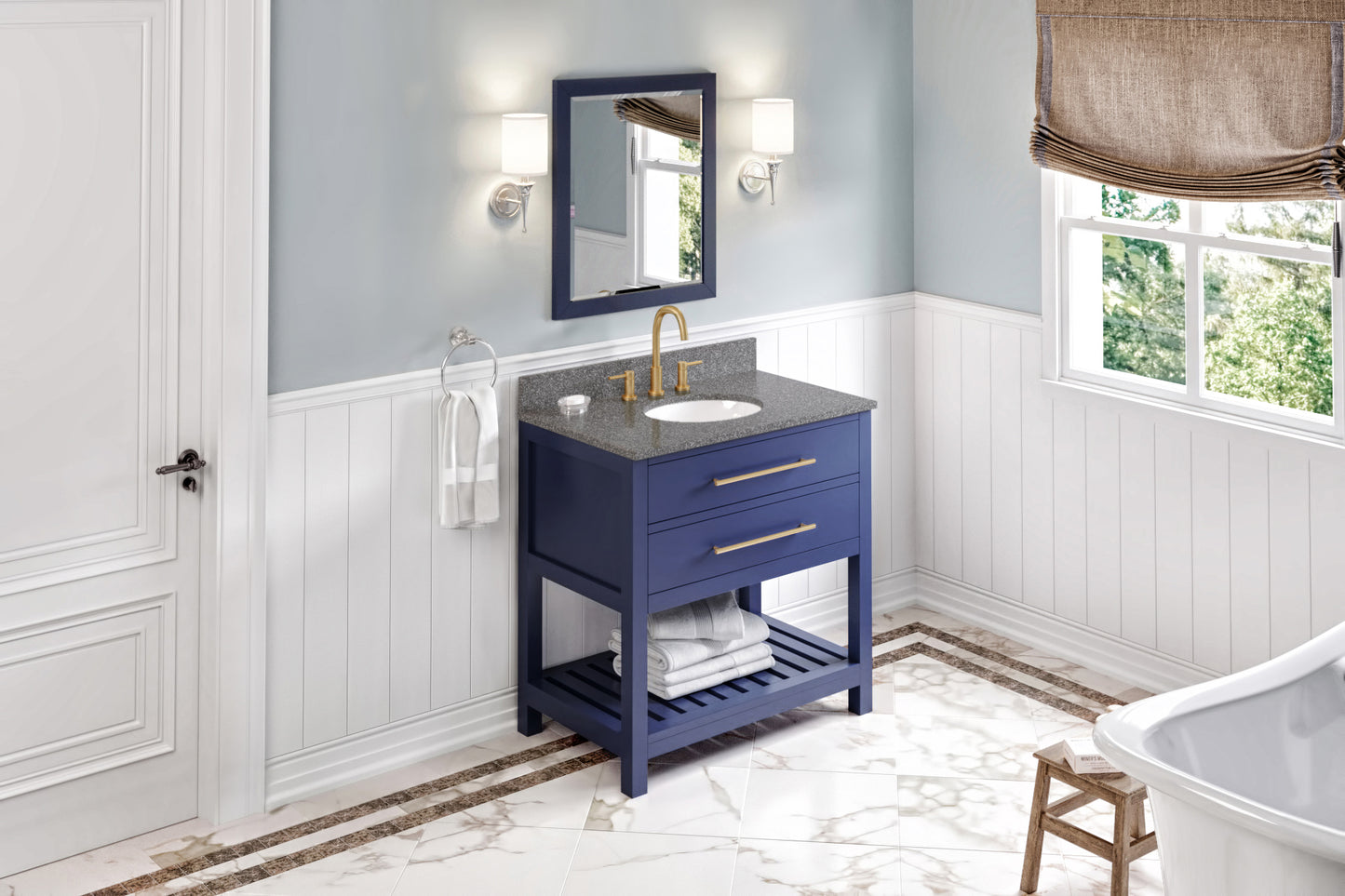 JEFFREY ALEXANDER VKITWAV36BLBOO 36" Hale Blue Wavecrest Vanity, Boulder Cultured Marble Vanity Top, undermount oval bowl