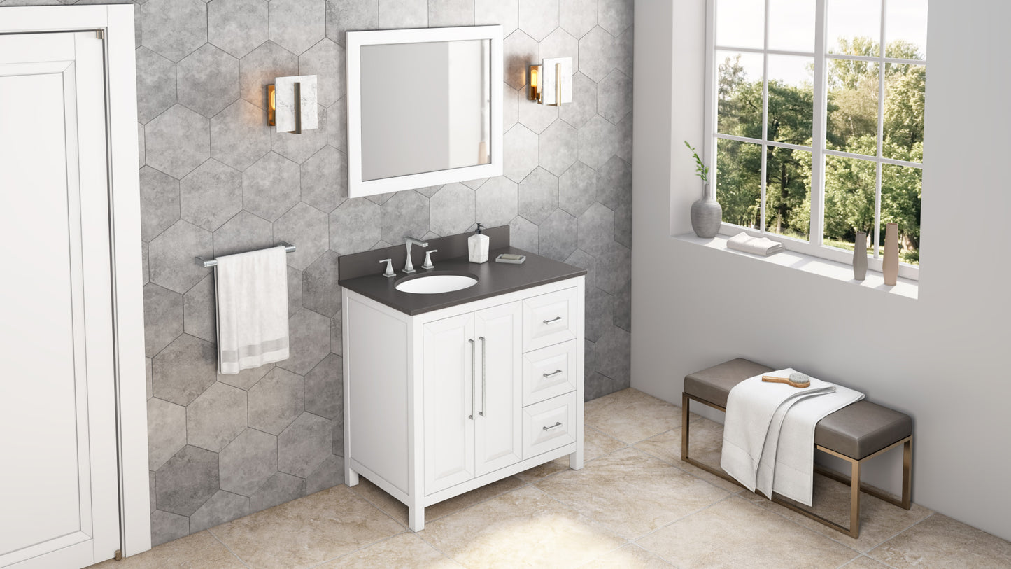 JEFFREY ALEXANDER VKITCAD36WHGQO 36" White Cade Vanity, left offset, Grey Quartz Vanity Top, undermount oval bowl