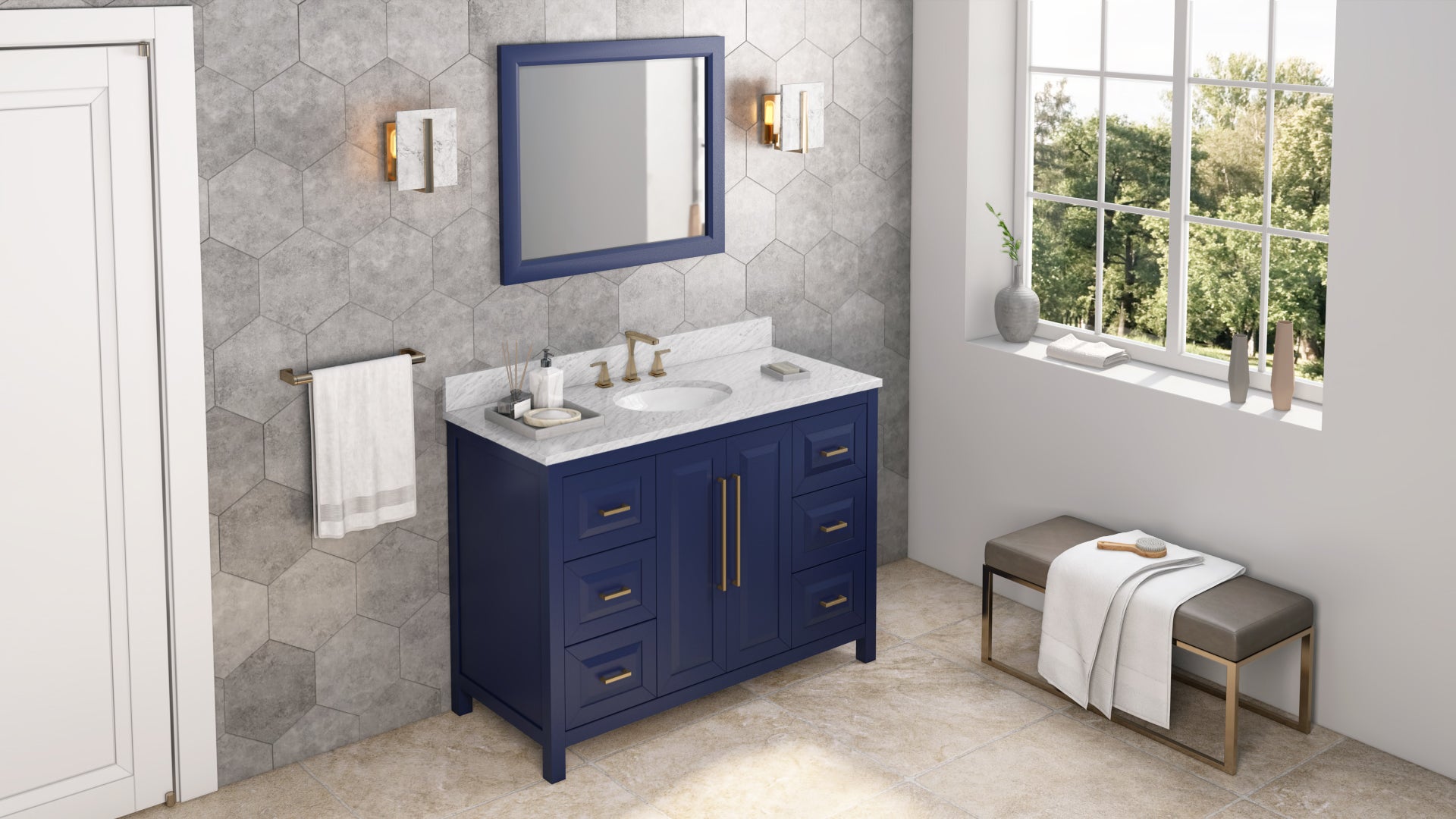 JEFFREY ALEXANDER VKITCAD48BLWCO 48" Hale Blue Cade Vanity, White Carrara Marble Vanity Top, undermount oval bowl