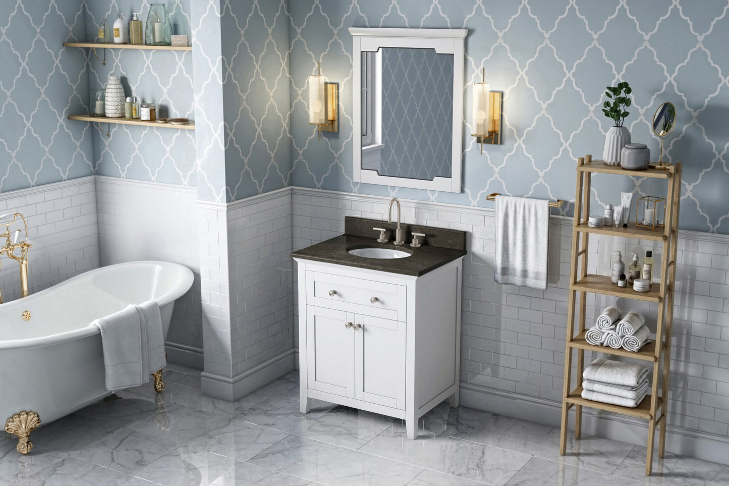 JEFFREY ALEXANDER VKITCHA30WHLSO 30" White Chatham Vanity, Blue Limestone Vanity Top, undermount oval bowl