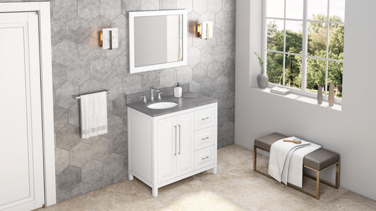 JEFFREY ALEXANDER VKITCAD36WHSGO 36" White Cade Vanity, left offset, Steel Grey Cultured Marble Vanity Top, undermount oval bowl