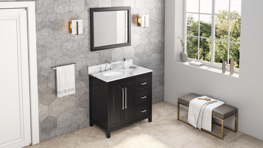 JEFFREY ALEXANDER VKITCAD36BKCQO 36" Black Cade Vanity, left offset, Calacatta Vienna Quartz Vanity Top, undermount oval bowl