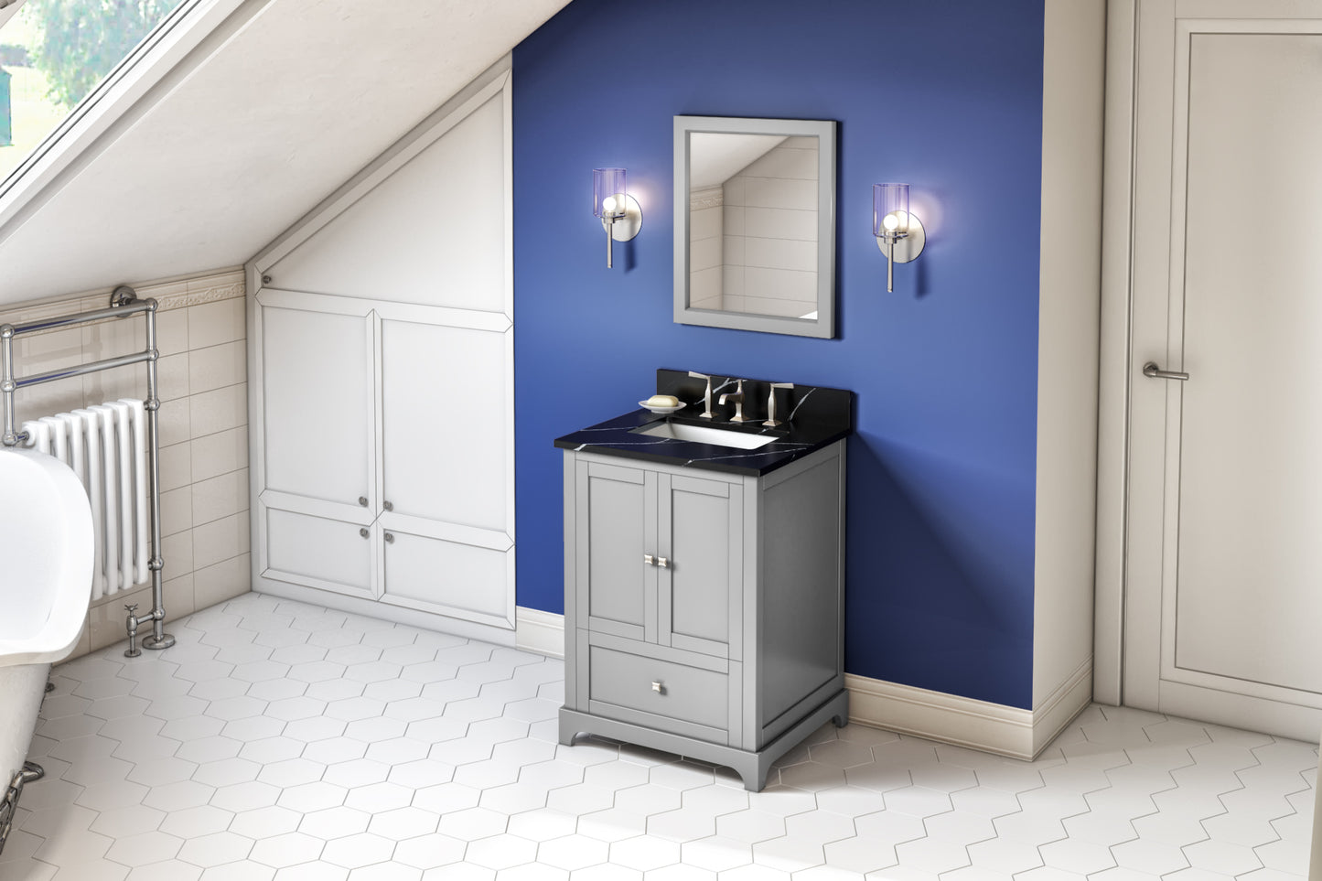 JEFFREY ALEXANDER VKITADD24GRBQR 24" Grey Addington Vanity, Calacatta Black Quartz Vanity Top, undermount rectangle bowl