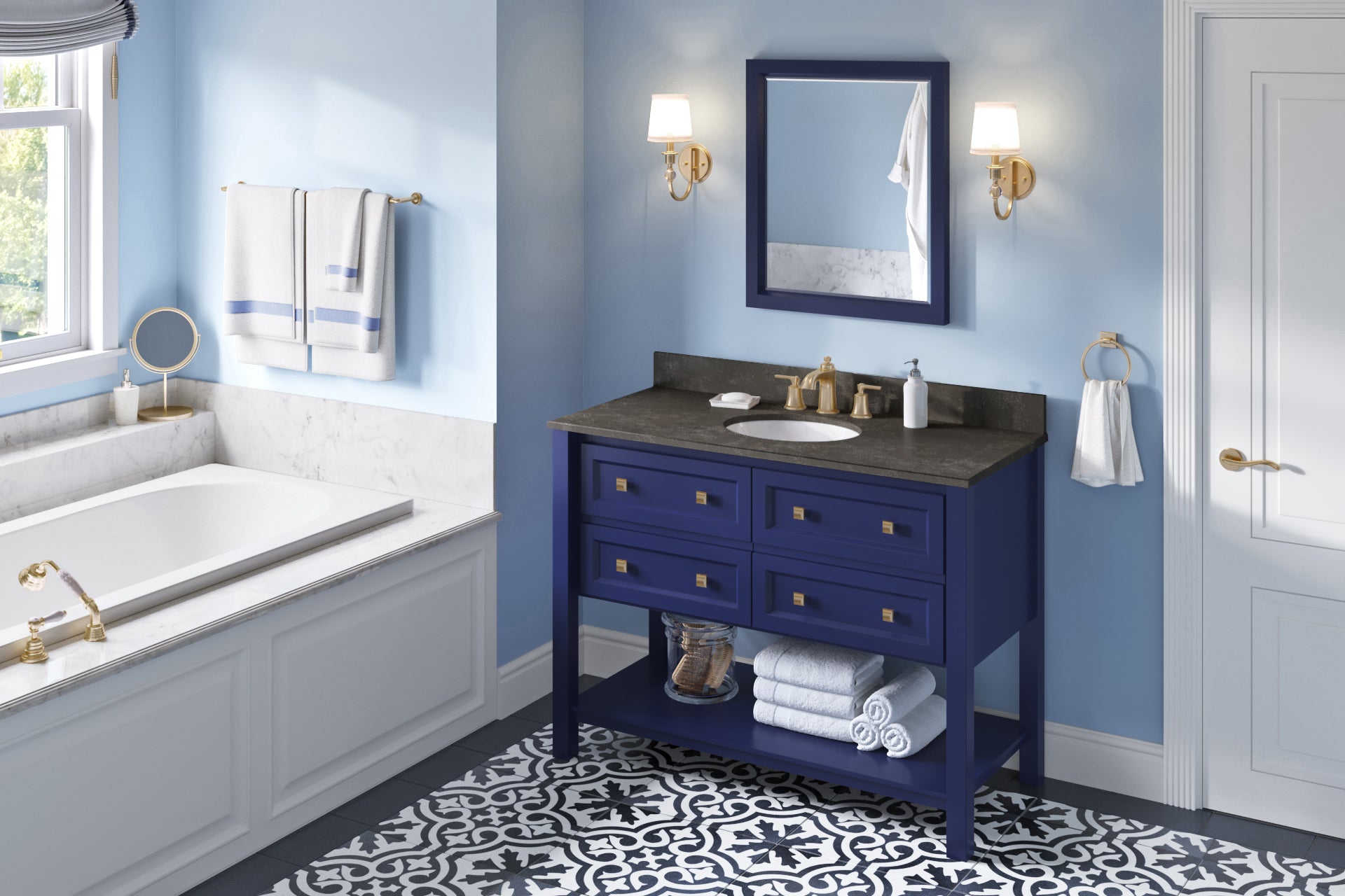 JEFFREY ALEXANDER VKITADL48BLLSO 48" Hale Blue Adler Vanity, Blue Limestone Vanity Top, undermount oval bowl