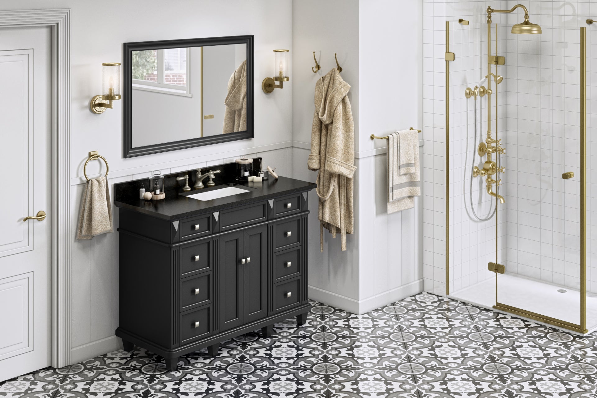 JEFFREY ALEXANDER VKITDOU48BKBGR 48" Black Douglas Vanity, Black Granite Vanity Top, undermount rectangle bowl