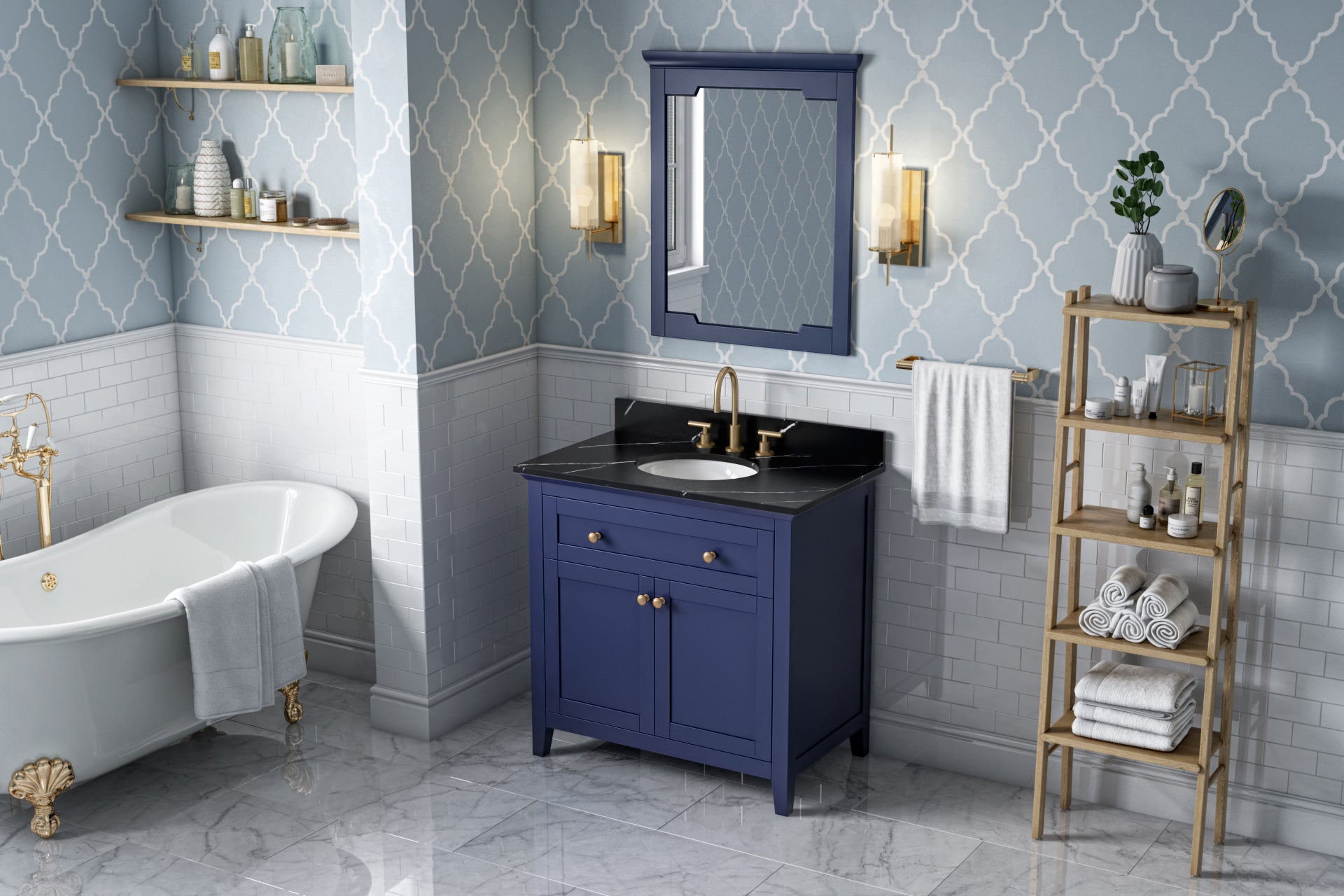 JEFFREY ALEXANDER VKITCHA36BLBQO 36" Hale Blue Chatham Vanity, Calacatta Black Quartz Vanity Top, undermount oval bowl