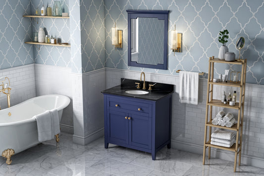 JEFFREY ALEXANDER VKITCHA36BLBQO 36" Hale Blue Chatham Vanity, Calacatta Black Quartz Vanity Top, undermount oval bowl