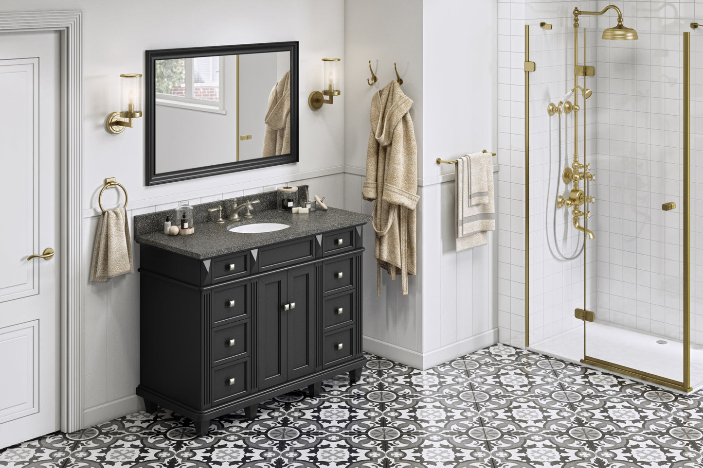 JEFFREY ALEXANDER VKITDOU48BKBOO 48" Black Douglas Vanity, Boulder Cultured Marble Vanity Top, undermount oval bowl