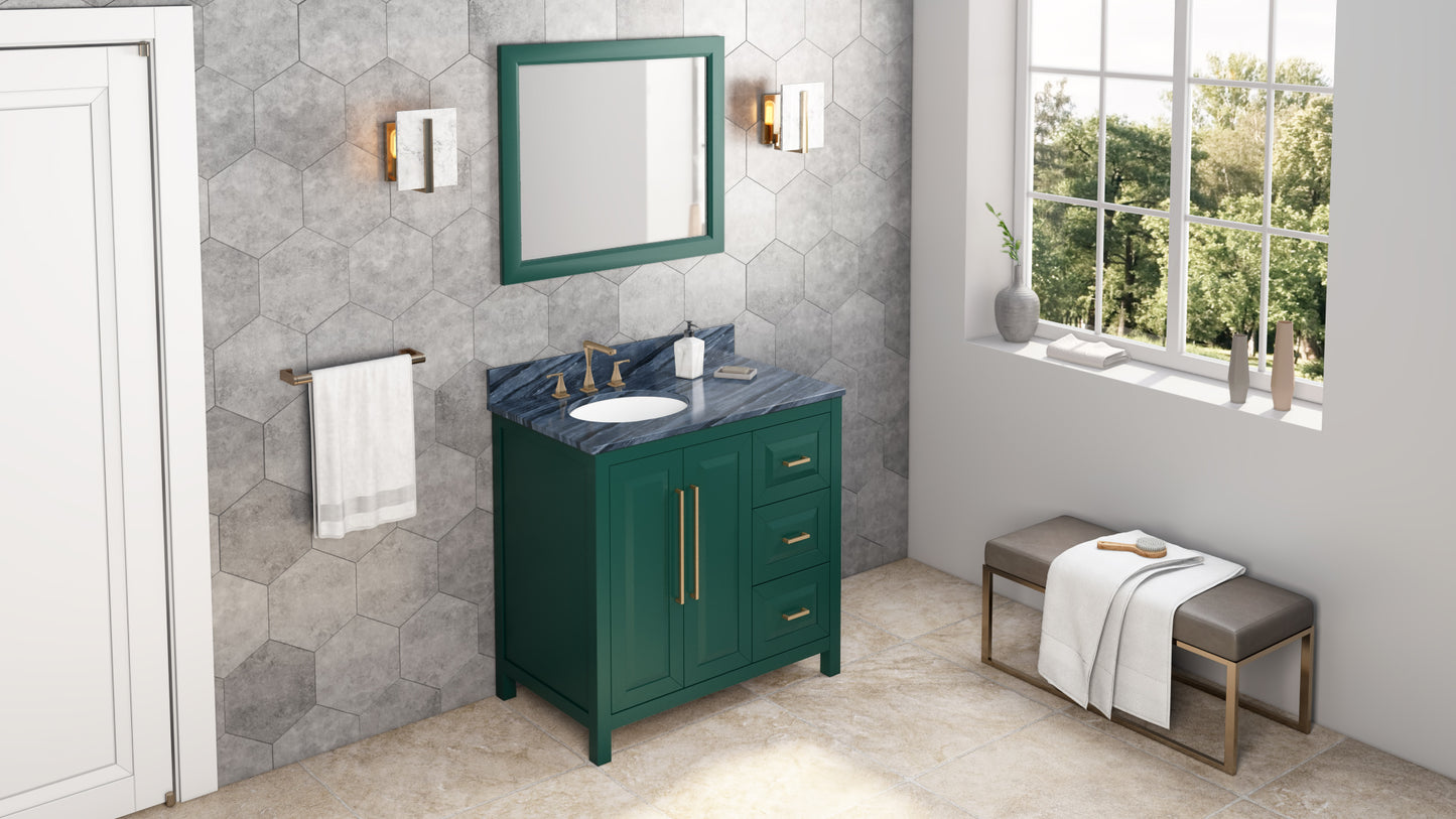 JEFFREY ALEXANDER VKITCAD36GNMGO 36" Forest Green Cade Vanity, left offset, Grey Marble Vanity Top, undermount oval bowl