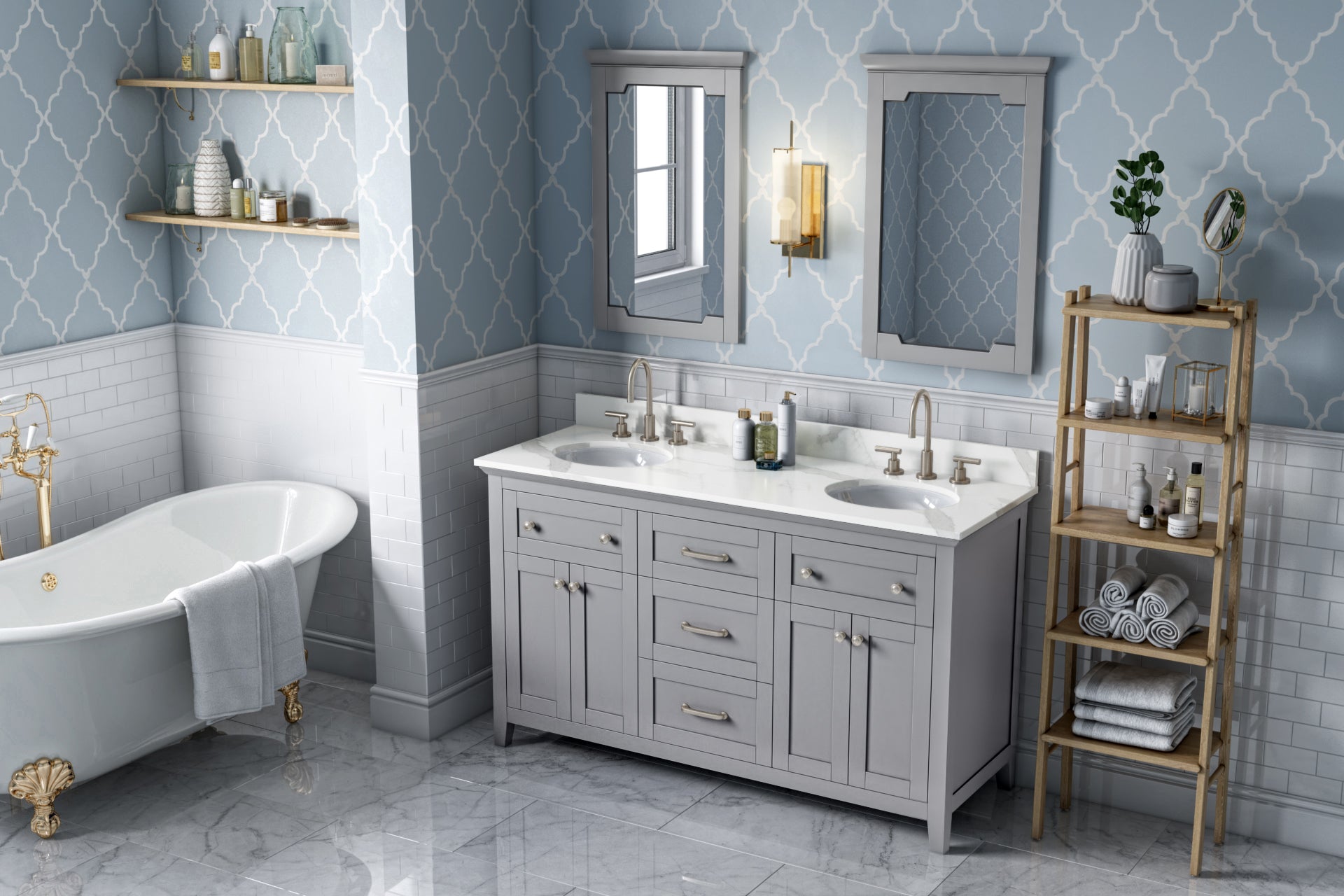 JEFFREY ALEXANDER VKITCHA60GRCQO 60" Grey Chatham Vanity, double bowl, Calacatta Vienna Quartz Vanity Top, two undermount rectangle bowls