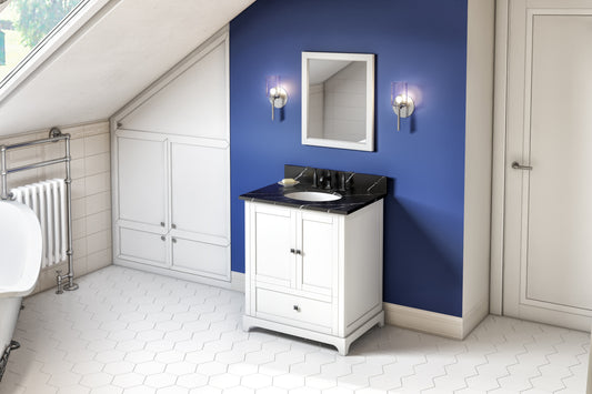 JEFFREY ALEXANDER VKITADD30WHBQO 30" White Addington Vanity, Calacatta Black Quartz Vanity Top, undermount oval bowl