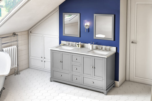 JEFFREY ALEXANDER VKITADD60GRASR 60" White Addington Vanity, double bowl, Arctic Stone Cultured Marble Vanity Top, two undermount rectangle bowls