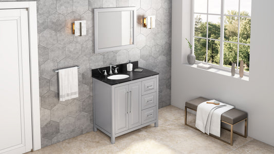 JEFFREY ALEXANDER VKITCAD36GRBQO 36" Grey Cade Vanity, left offset, Calacatta Black Quartz Vanity Top, undermount oval bowl