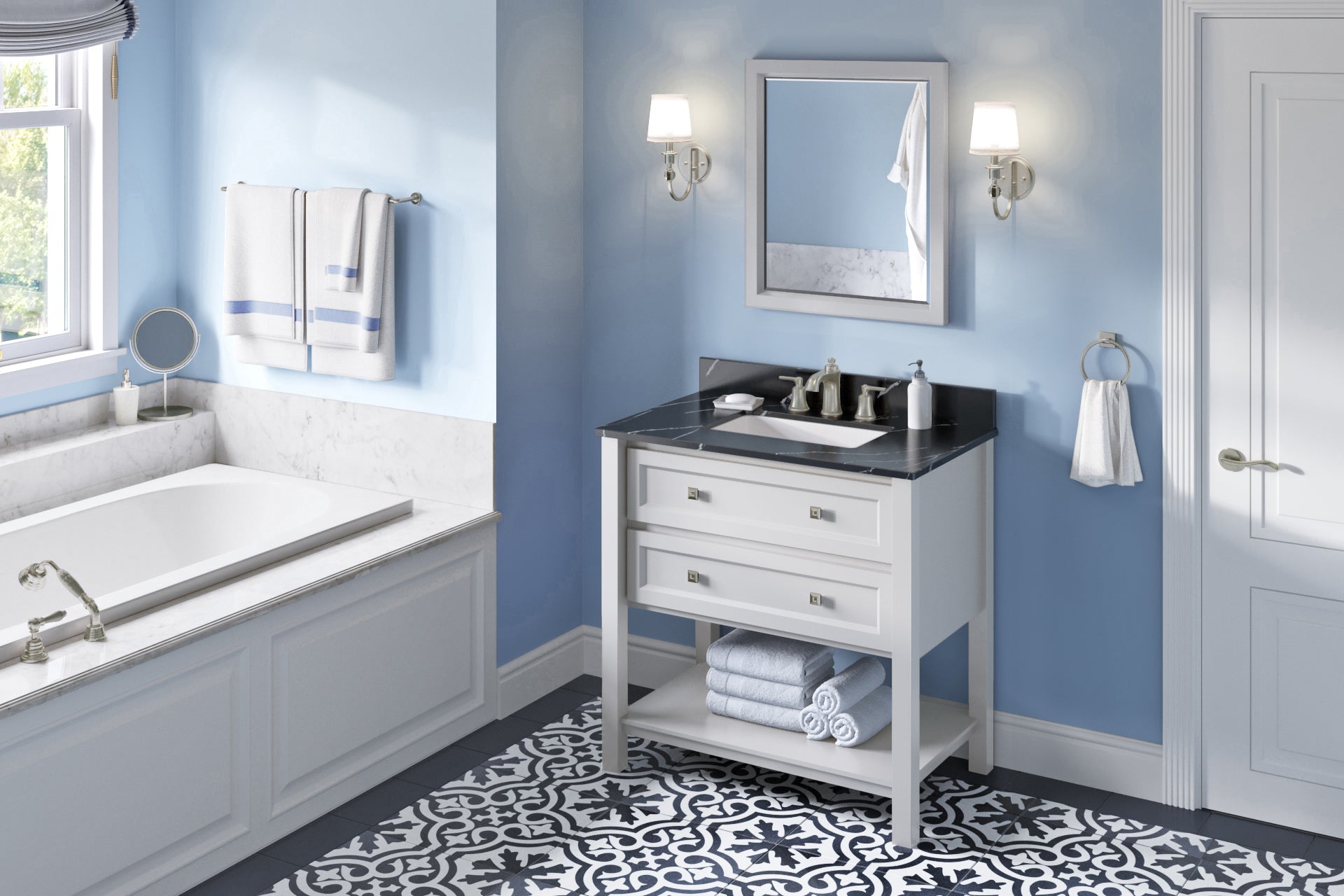 JEFFREY ALEXANDER VKITADL36WHBQR 36" White Adler Vanity, Calacatta Black Quartz Vanity Top, undermount rectangle bowl