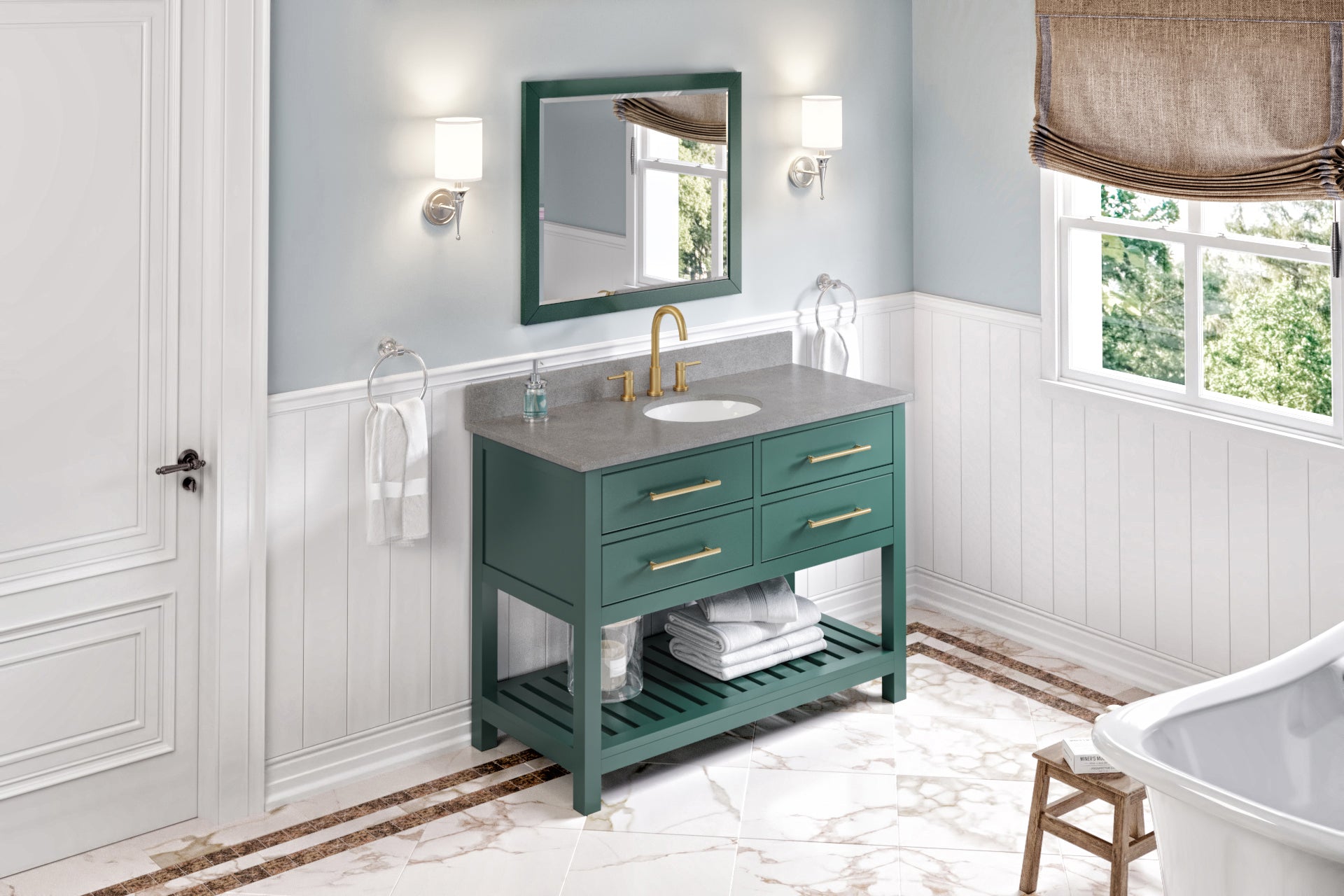 JEFFREY ALEXANDER VKITWAV48GNSGO 48" Forest Green Wavecrest Vanity, Steel Grey Cultured Marble Vanity Top, undermount oval bowl