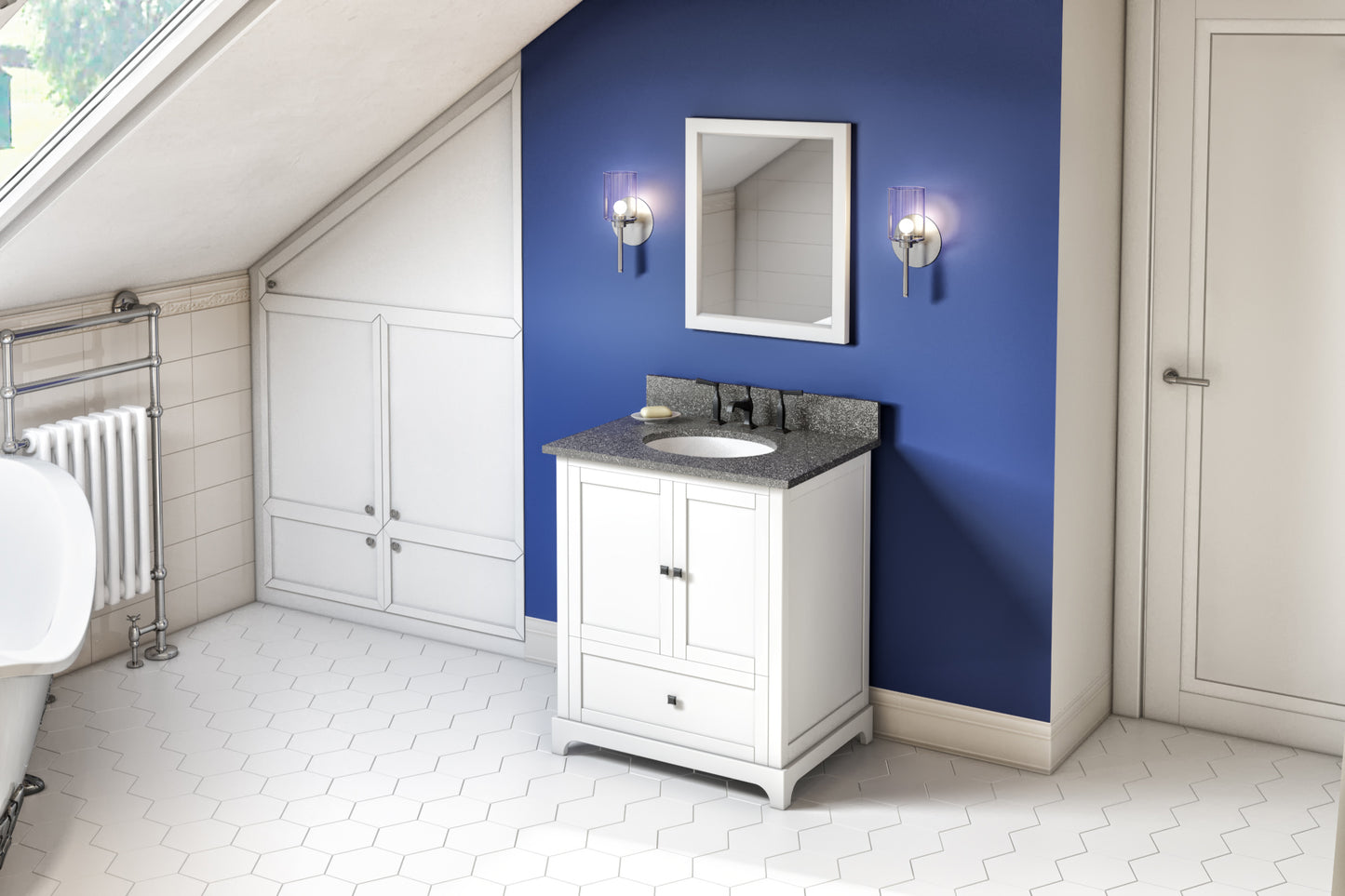 JEFFREY ALEXANDER VKITADD30WHBOO 30" White Addington Vanity, Boulder Cultured Marble Vanity Top, undermount oval bowl