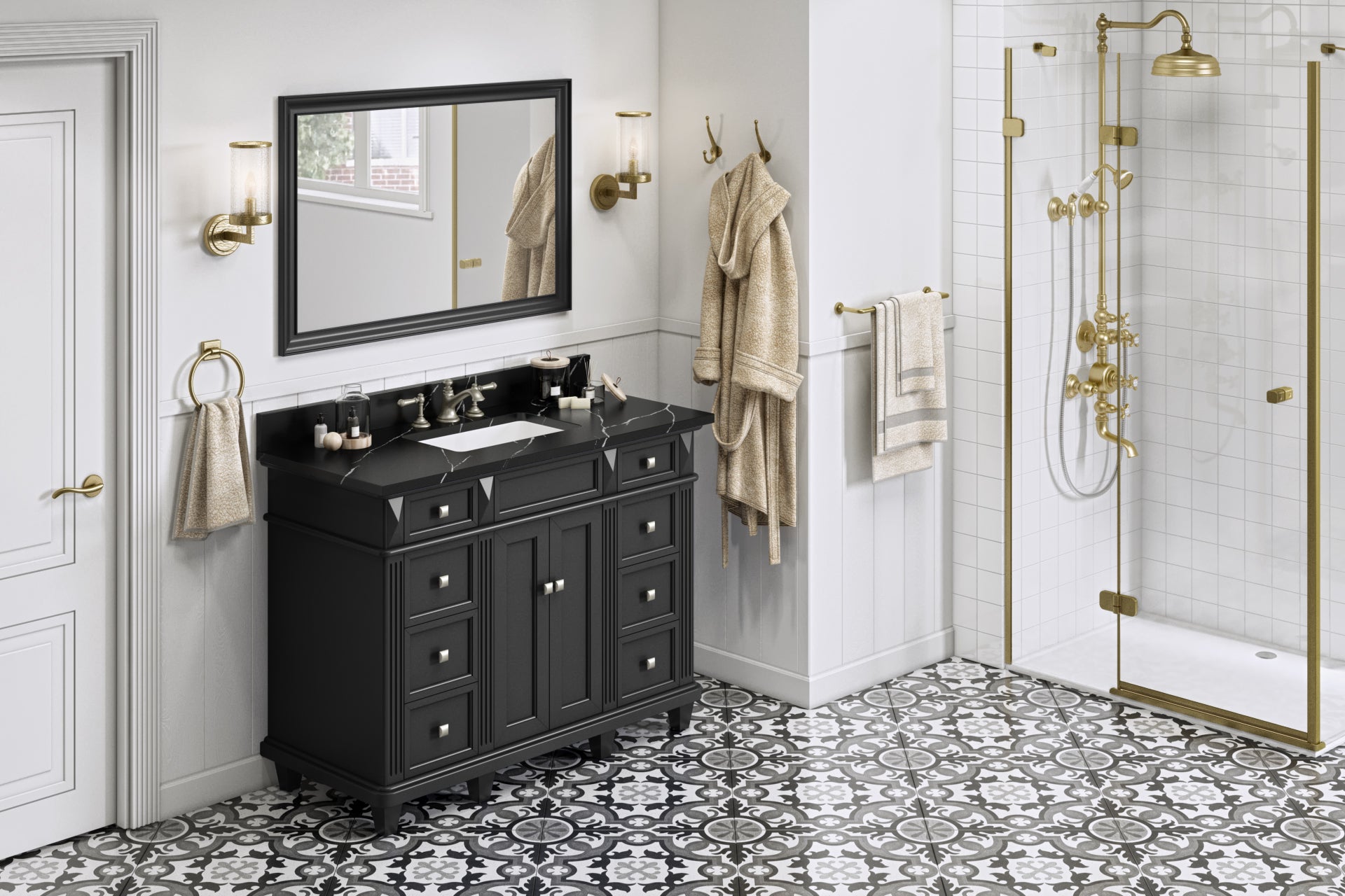 JEFFREY ALEXANDER VKITDOU48BKBQR 48" Black Douglas Vanity, Calacatta Black Quartz Vanity Top, undermount rectangle bowl