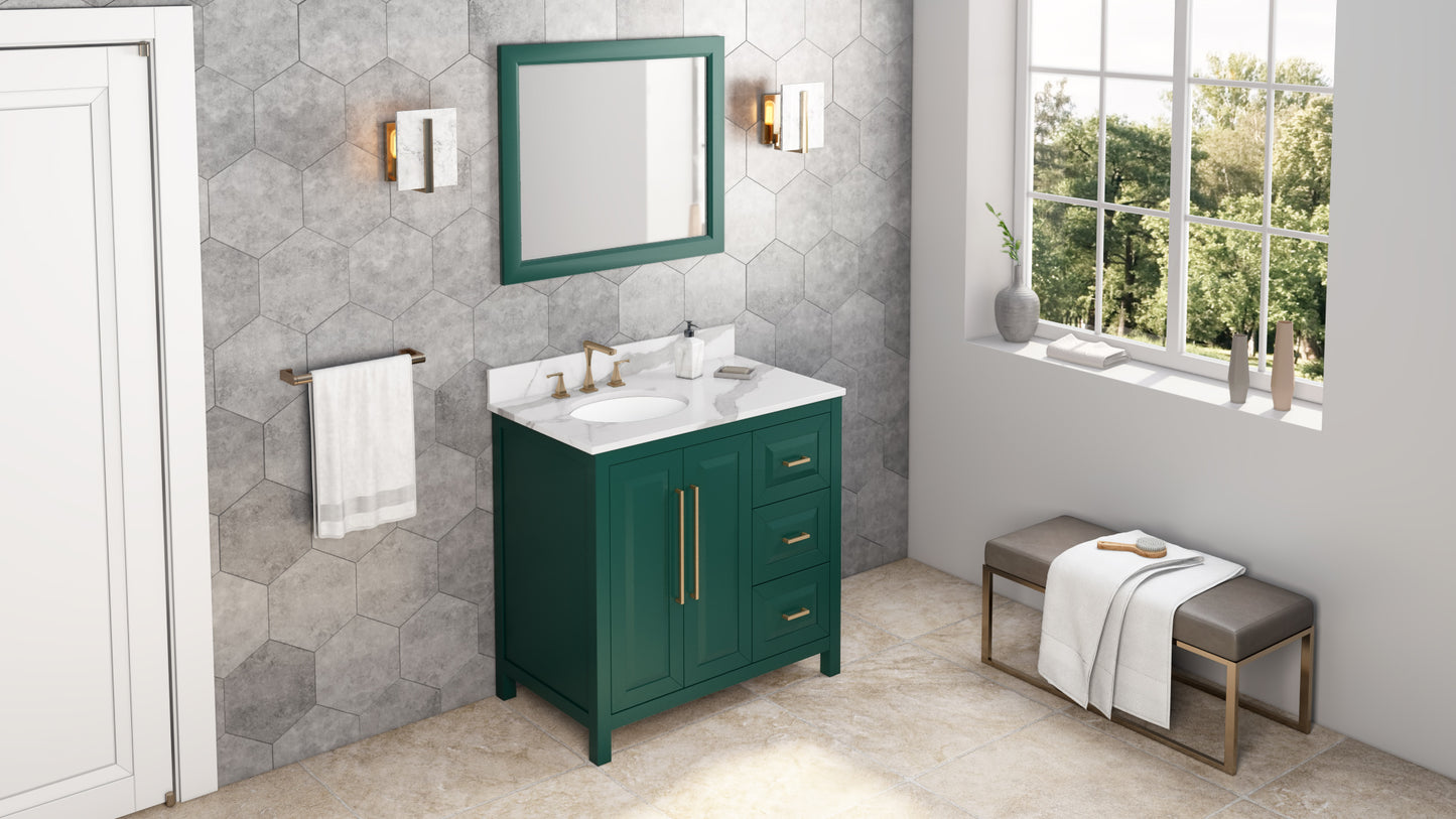 JEFFREY ALEXANDER VKITCAD36GNCQO 36" Forest Green Cade Vanity, left offset, Calacatta Vienna Quartz Vanity Top, undermount oval bowl