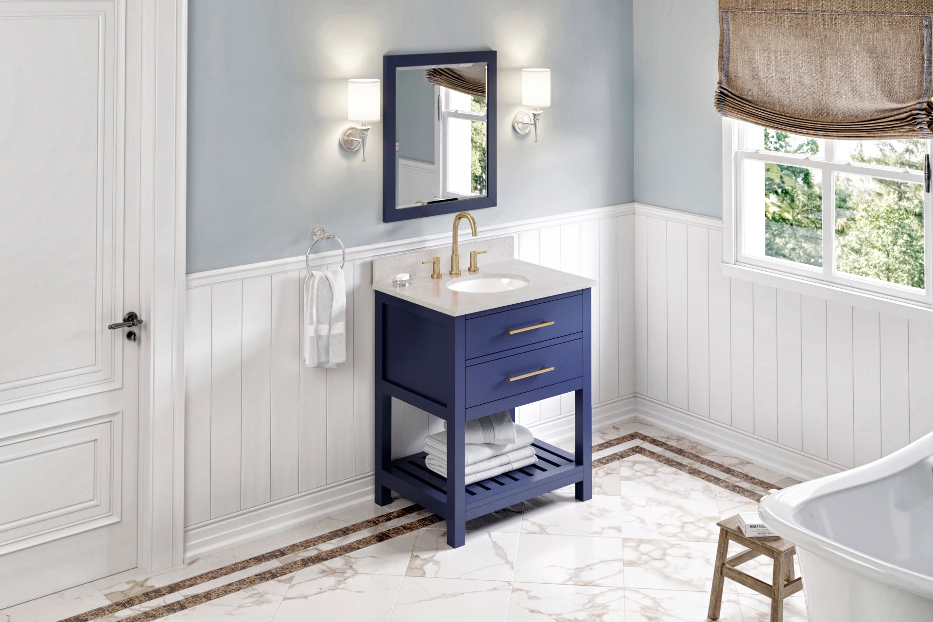 JEFFREY ALEXANDER VKITWAV30BLASO 30" Hale Blue Wavecrest Vanity, Arctic Stone Cultured Marble Vanity Top, undermount oval bowl