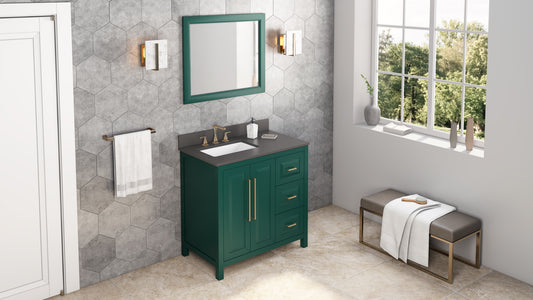 JEFFREY ALEXANDER VKITCAD36GNGQR 36" Forest Green Cade Vanity, left offset, Grey Quartz Vanity Top, undermount rectangle bowl