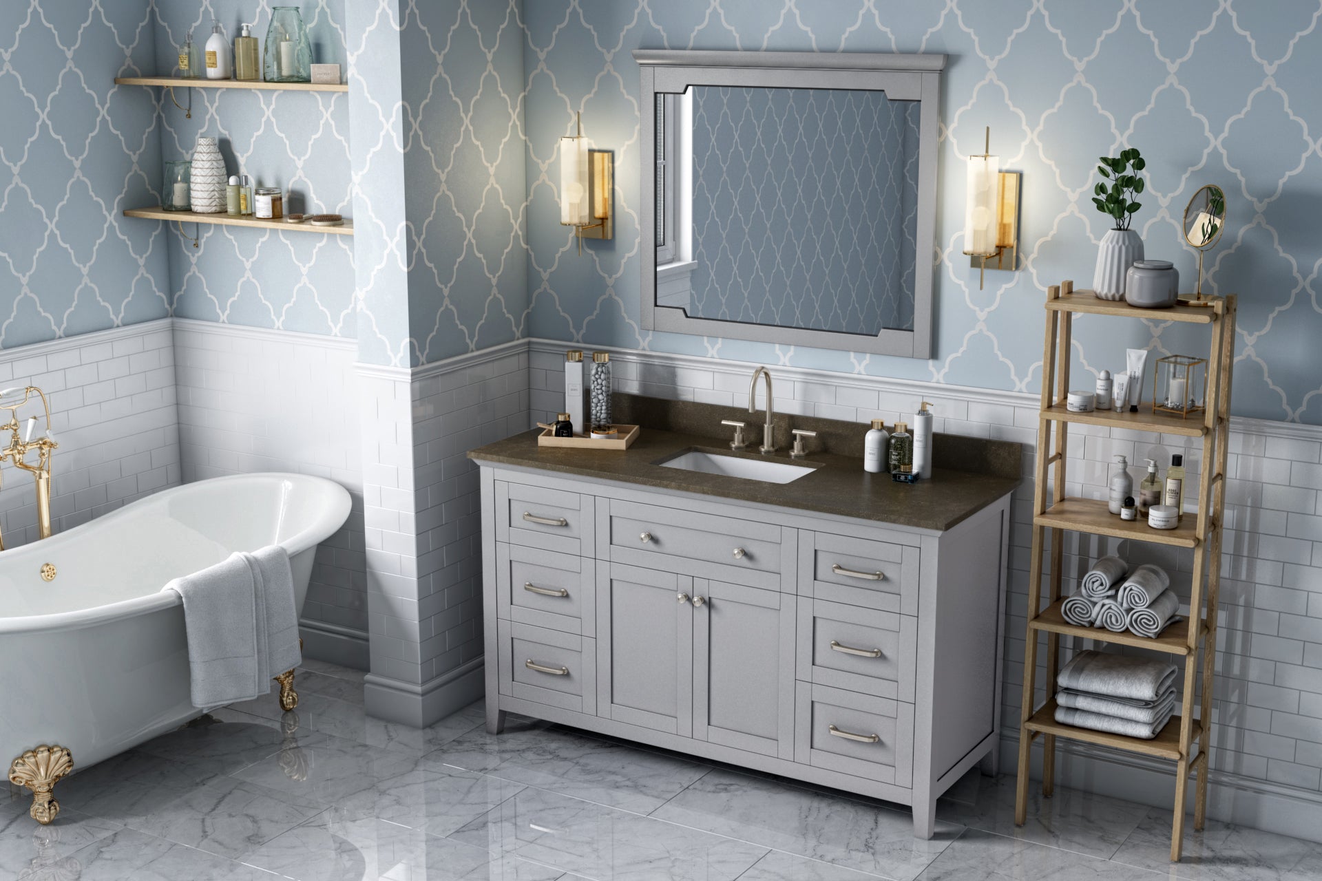 JEFFREY ALEXANDER VKITCHA60SGRLSR 60" Grey Chatham Vanity, Blue Limestone Vanity Top, undermount rectangle bowl