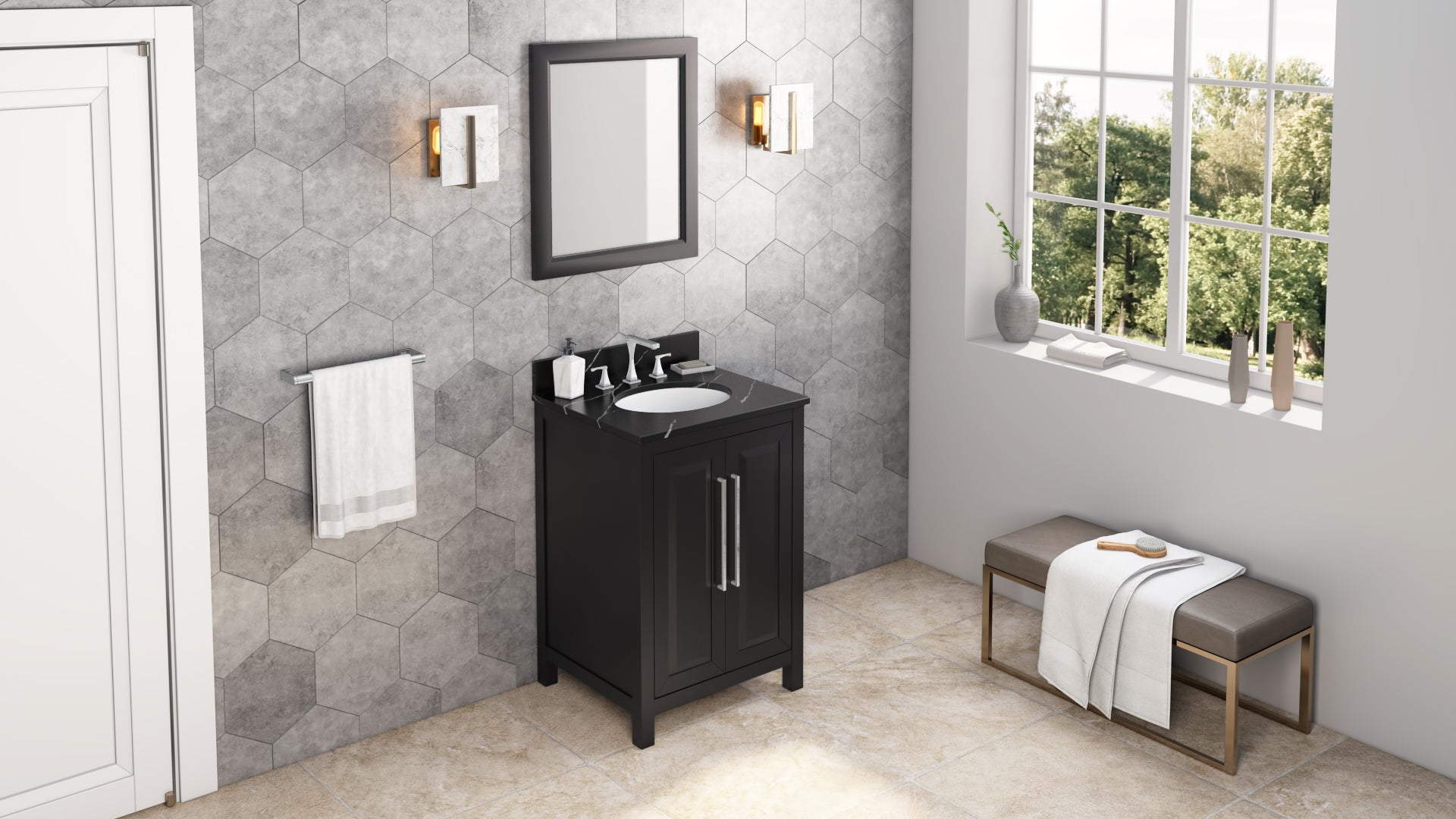 JEFFREY ALEXANDER VKITCAD24BKBQO 24" Black Cade Vanity, Calacatta Black Quartz Vanity Top, undermount oval bowl