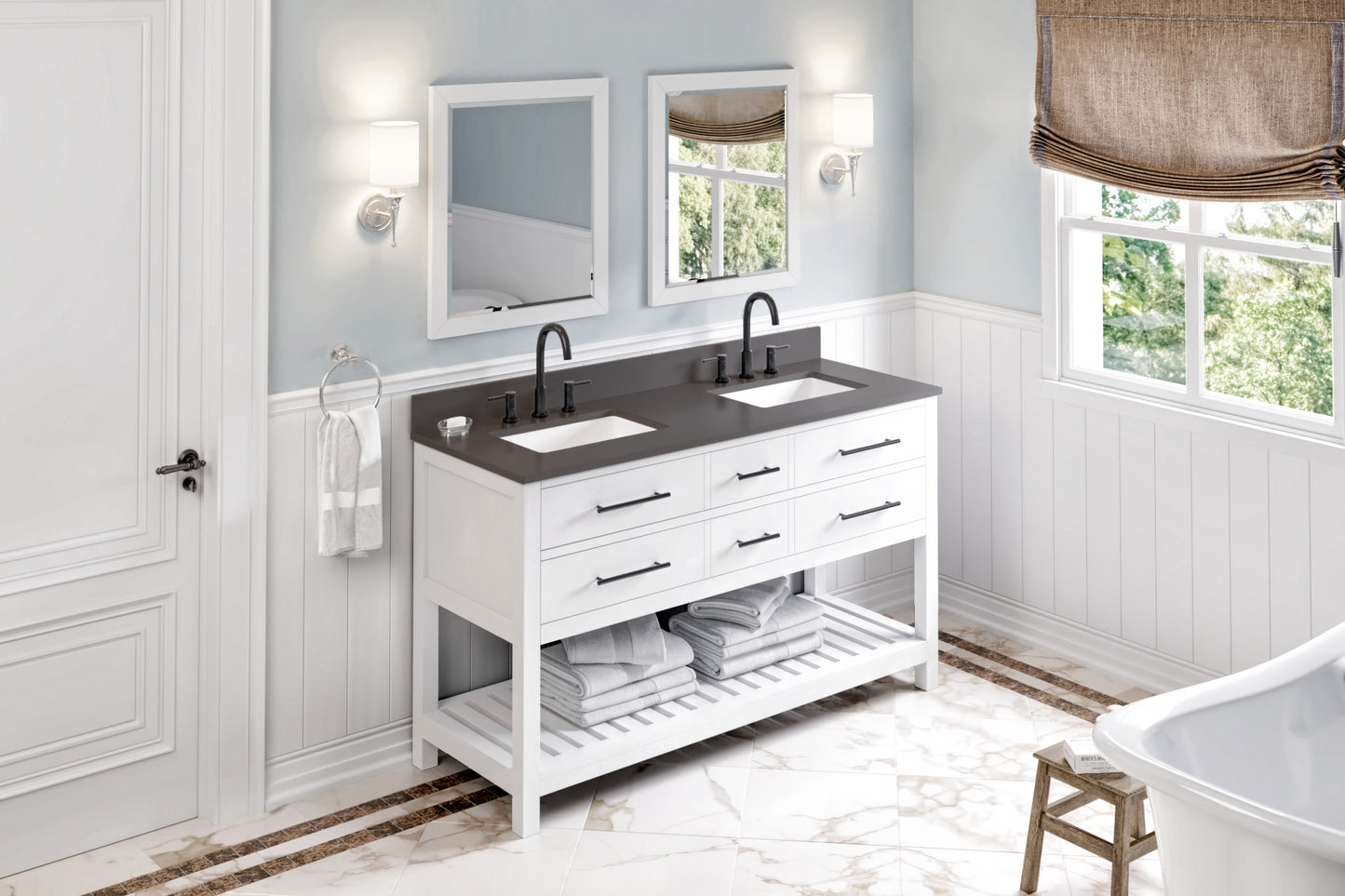 JEFFREY ALEXANDER VKITWAV60WHGQR 60" White Wavecrest Vanity, double bowl, Grey Quartz Vanity Top, two undermount rectangle bowls