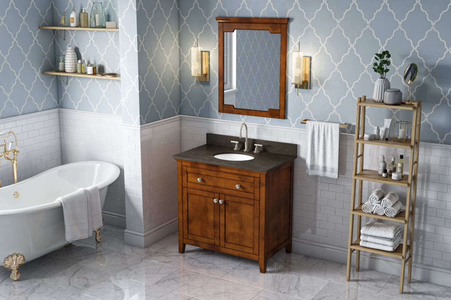 JEFFREY ALEXANDER VKITCHA36CHLSO 36" Chocolate Chatham Vanity, Blue Limestone Vanity Top, undermount oval bowl