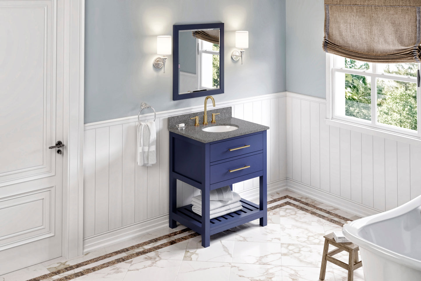 JEFFREY ALEXANDER VKITWAV30BLBOO 30" Hale Blue Wavecrest Vanity, Boulder Cultured Marble Vanity Top, undermount oval bowl