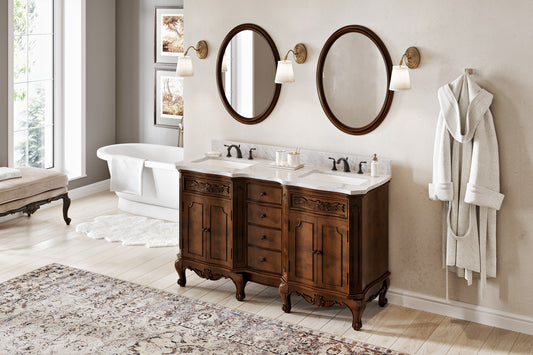 JEFFREY ALEXANDER VKITCLA60NUWCR 60" Nutmeg Clairemont Vanity, double bowl, Clairemont-only White Carrara Marble Vanity Top, two undermount rectangle bowls