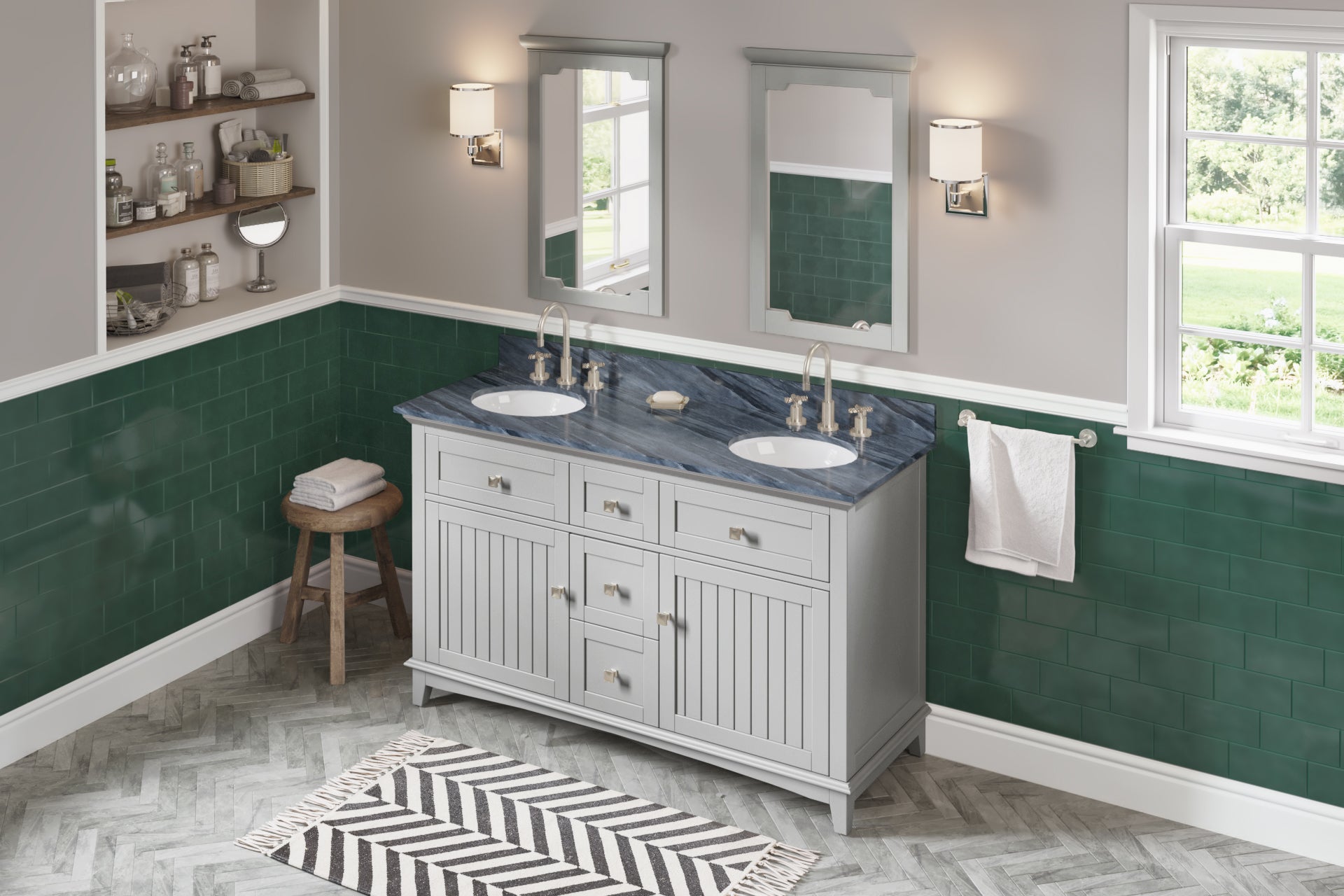 JEFFREY ALEXANDER VKITSAV60GRMGO 60" Grey Savino Vanity, double bowl, Grey Marble Vanity Top, two undermount oval bowls