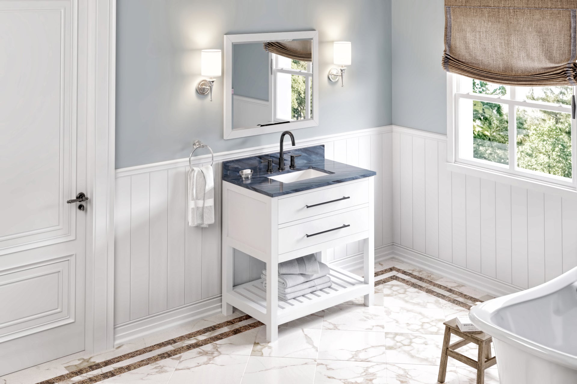 JEFFREY ALEXANDER VKITWAV36WHMGR 36" White Wavecrest Vanity, Grey Marble Vanity Top, undermount rectangle bowl