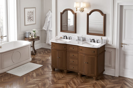 JEFFREY ALEXANDER VKITCOM60WAWCR 60" Walnut Compton Vanity, double bowl, Compton-only White Carrara Marble Vanity Top, two undermount rectangle bowls