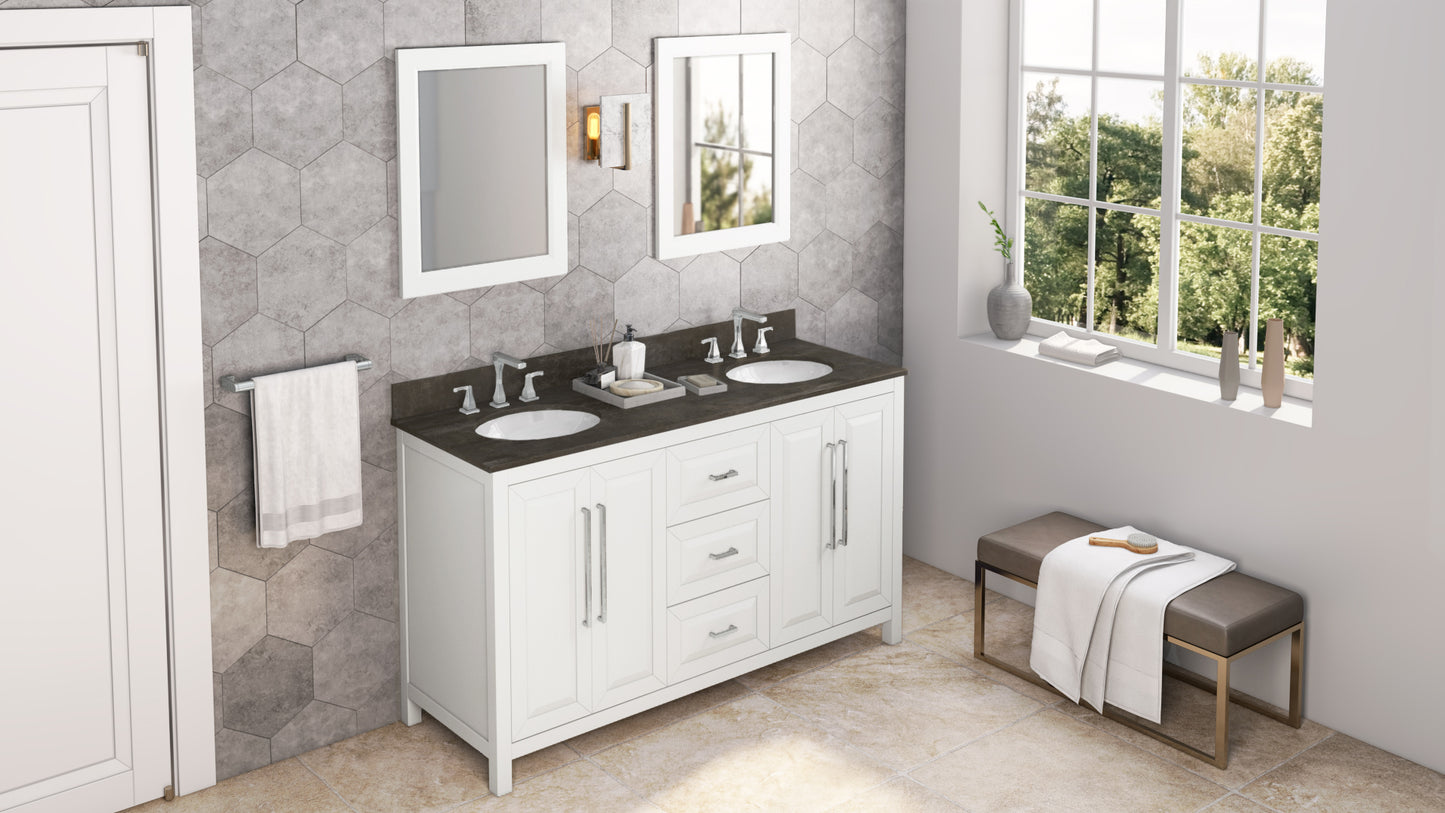 JEFFREY ALEXANDER VKITCAD60WHLSO 60" White Cade Vanity, double bowl, Blue Limestone Vanity Top, undermount oval bowl