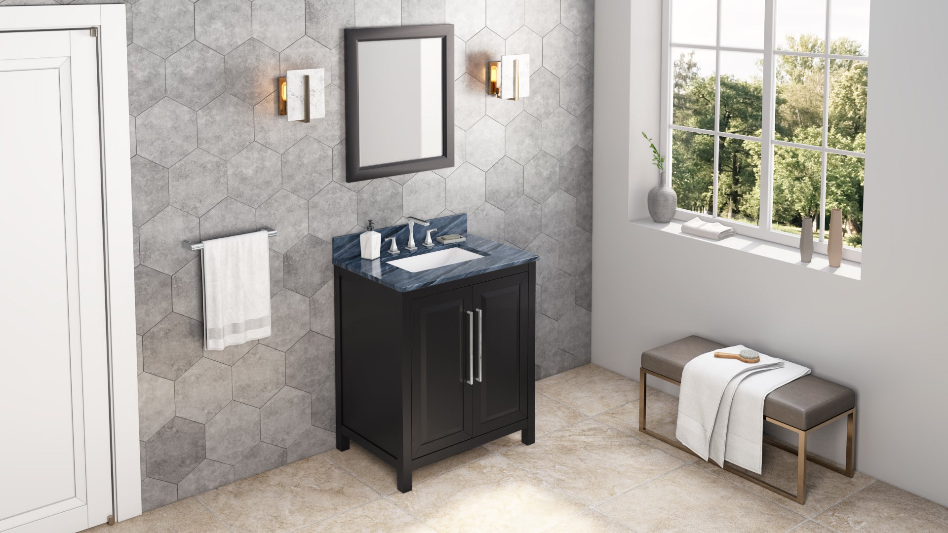 JEFFREY ALEXANDER VKITCAD30BKMGR 30" Black Cade Vanity, Grey Marble Vanity Top, undermount rectangle bowl