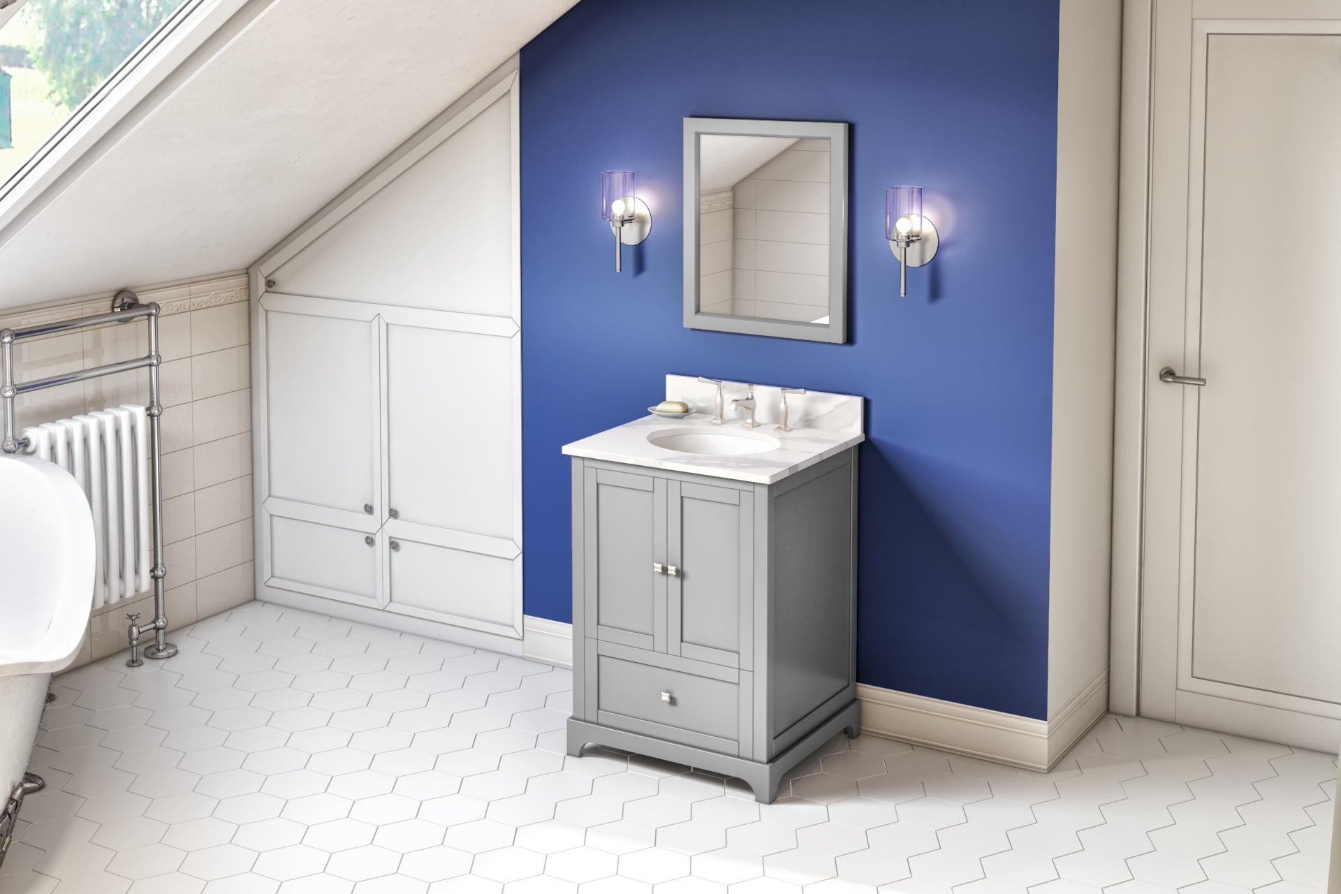 JEFFREY ALEXANDER VKITADD24GRCQO 24" Grey Addington Vanity, Calacatta Vienna Quartz Vanity Top, undermount oval bowl
