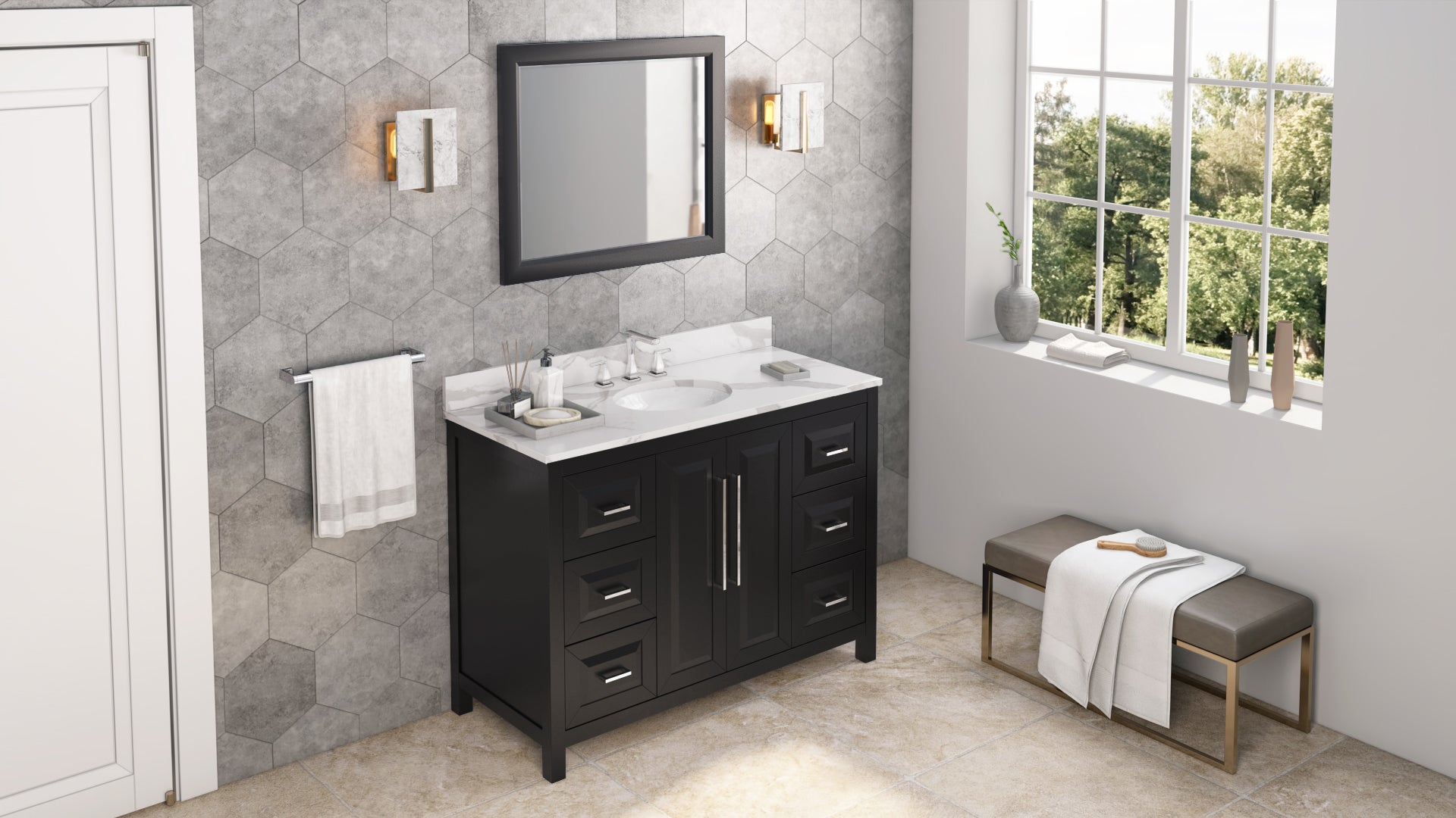 JEFFREY ALEXANDER VKITCAD48BKCQO 48" Black Cade Vanity, Calacatta Vienna Quartz Vanity Top, undermount oval bowl