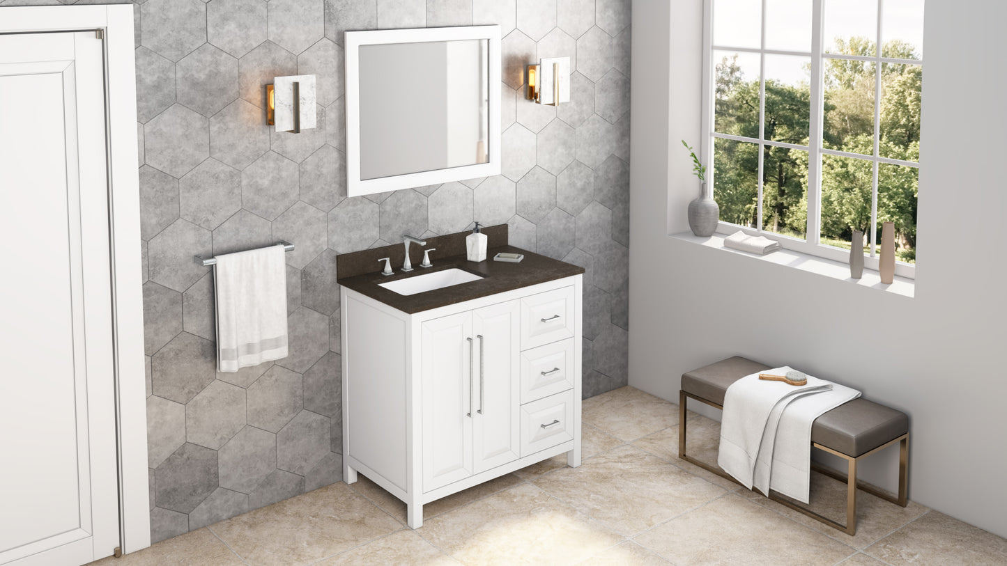 JEFFREY ALEXANDER VKITCAD36WHLSR 36" White Cade Vanity, left offset, Blue Limestone Vanity Top, undermount rectangle bowl