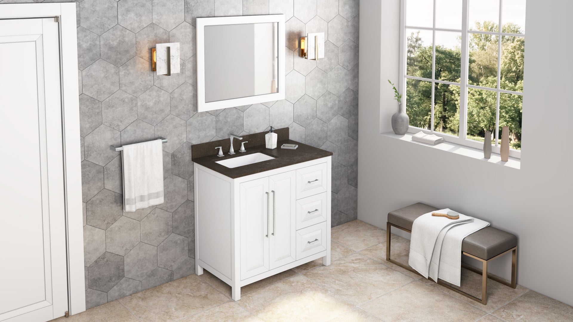 JEFFREY ALEXANDER VKITCAD36WHLSR 36" White Cade Vanity, left offset, Blue Limestone Vanity Top, undermount rectangle bowl