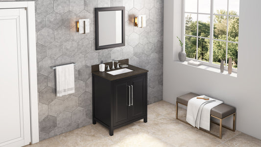 JEFFREY ALEXANDER VKITCAD30BKLSR 30" Black Cade Vanity, Blue Limestone Vanity Top, undermount rectangle bowl