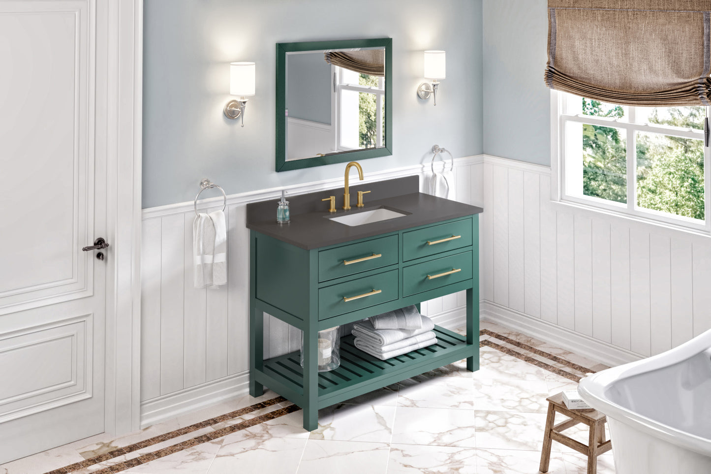 JEFFREY ALEXANDER VKITWAV48GNGQR 48" Forest Green Wavecrest Vanity, Grey Quartz Vanity Top, undermount rectangle bowl