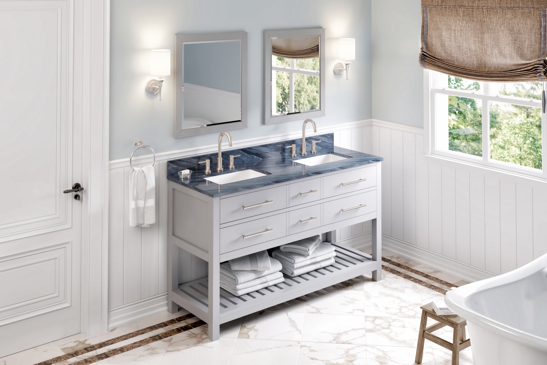 JEFFREY ALEXANDER VKITWAV60GRMGR 60" Grey Wavecrest Vanity, double bowl, Grey Marble Vanity Top, two undermount rectangle bowls