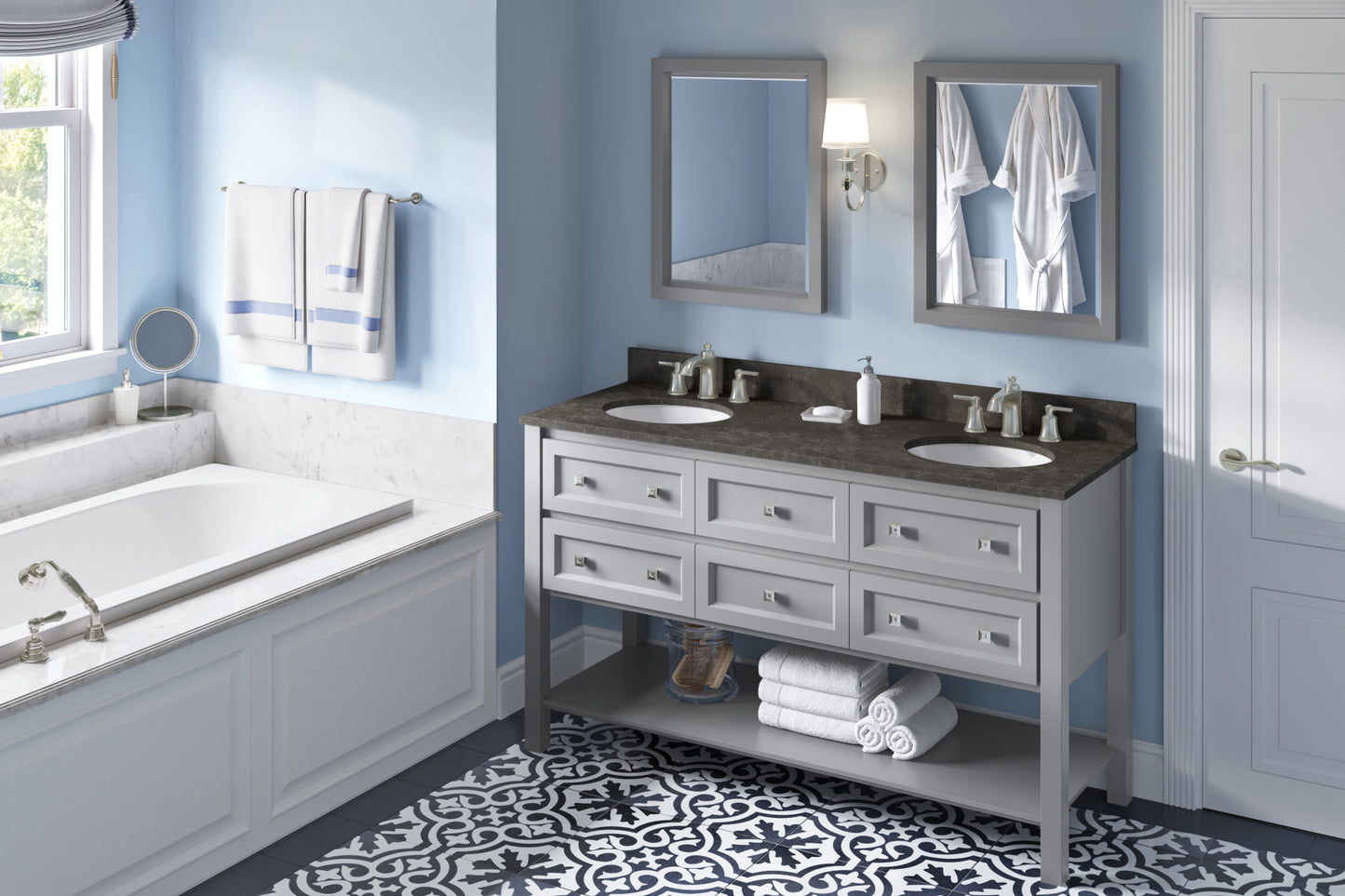 JEFFREY ALEXANDER VKITADL60GRLSO 60" Grey Adler Vanity, double bowl, Blue Limestone Vanity Top, two undermount oval bowls