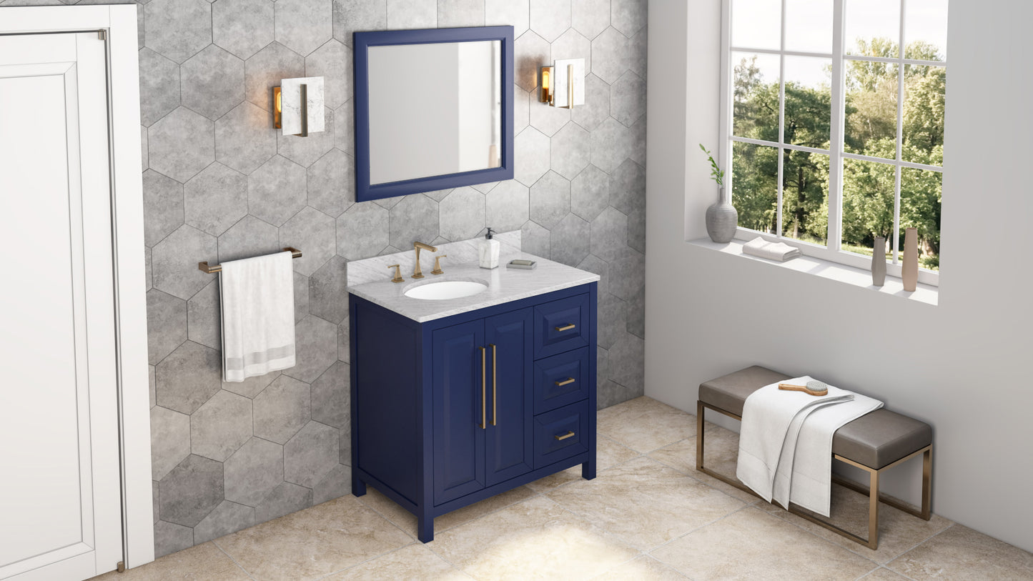 JEFFREY ALEXANDER VKITCAD36BLWCO 36" Hale Blue Cade Vanity, left offset, White Carrara Marble Vanity Top, undermount oval bowl