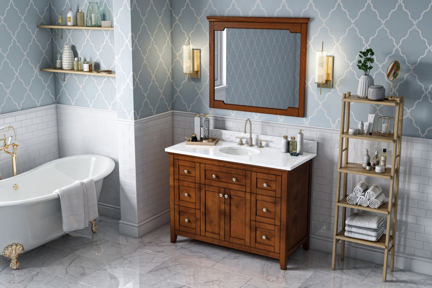 JEFFREY ALEXANDER VKITCHA48CHWCO 48" Chocolate Chatham Vanity, White Carrara Marble Vanity Top, undermount oval bowl