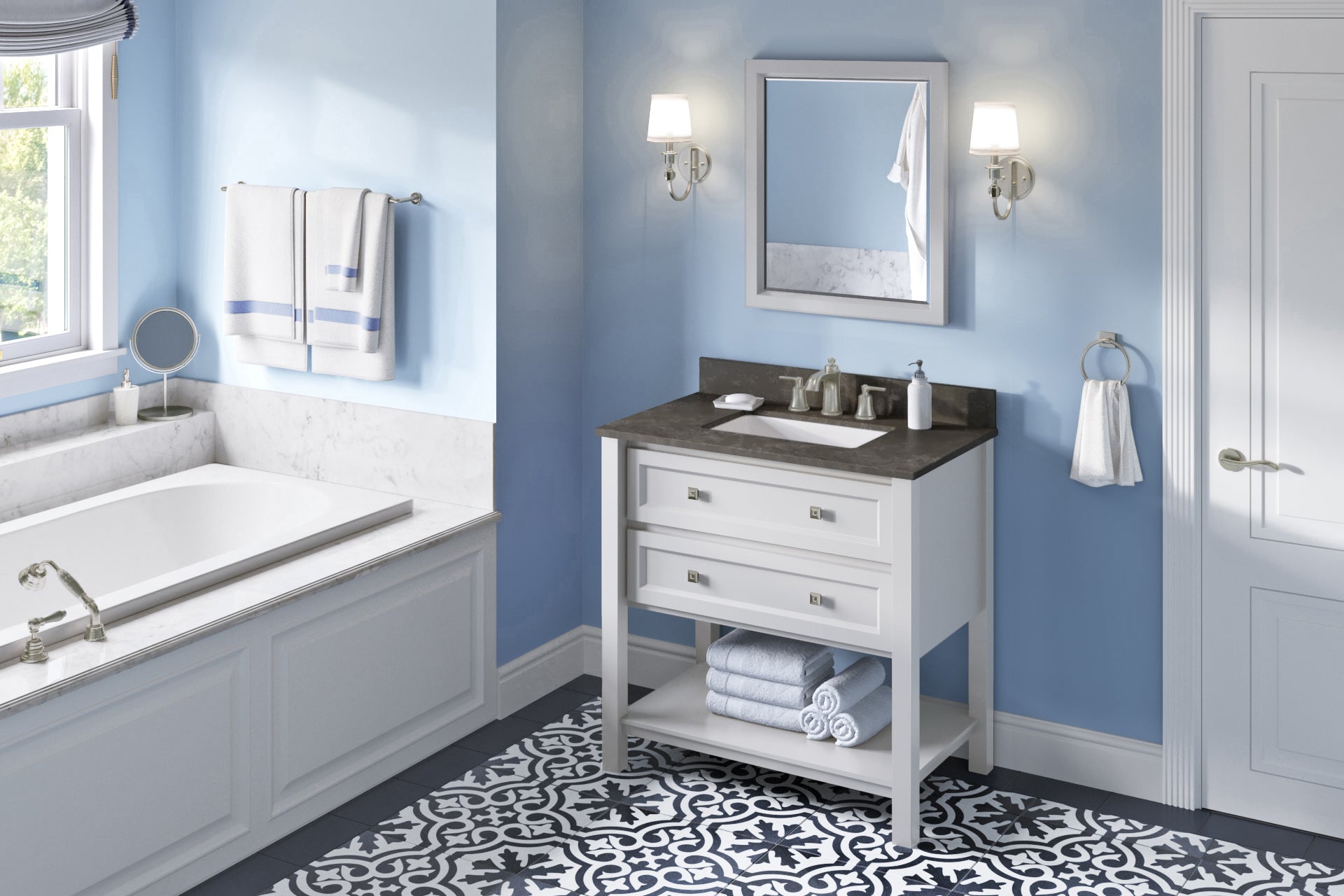 JEFFREY ALEXANDER VKITADL36WHLSR 36" White Adler Vanity, Blue Limestone Vanity Top, undermount rectangle bowl