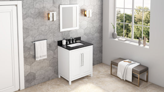 JEFFREY ALEXANDER VKITCAD30WHBQR 30" White Cade Vanity, Calacatta Black Quartz Vanity Top, undermount rectangle bowl