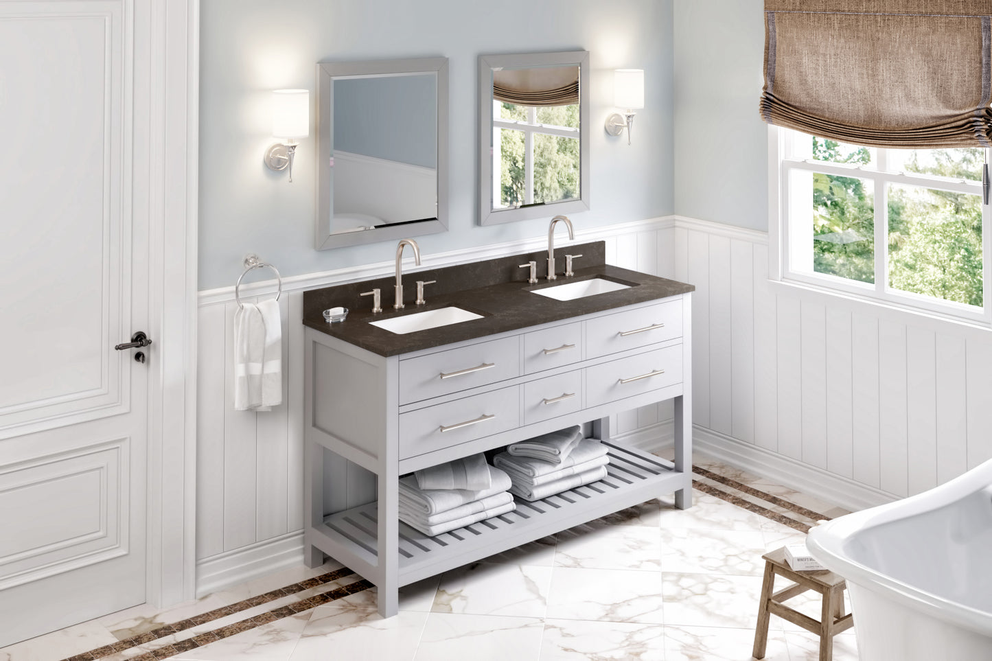 JEFFREY ALEXANDER VKITWAV60GRLSR 60" Grey Wavecrest Vanity, double bowl, Blue Limestone Vanity Top, two undermount rectangle bowls