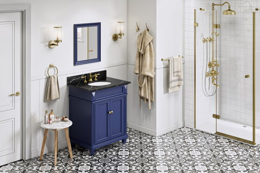 JEFFREY ALEXANDER VKITDOU30BLBQO 30" Hale Blue Douglas Vanity, Calacatta Black Quartz Vanity Top, undermount oval bowl