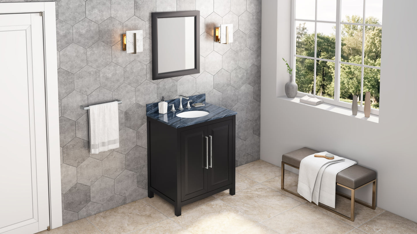 JEFFREY ALEXANDER VKITCAD30BKMGO 30" Black Cade Vanity, Grey Marble Vanity Top, undermount oval bowl